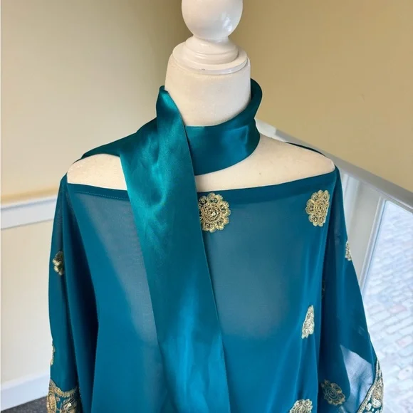 Elegant Teal Embroidered sheer Women's Dress